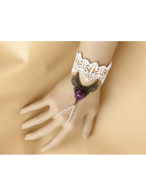 Fashion Retro Casual Bride Bridesmaid White Lace Purple Rose Bracelet Ring One Chain