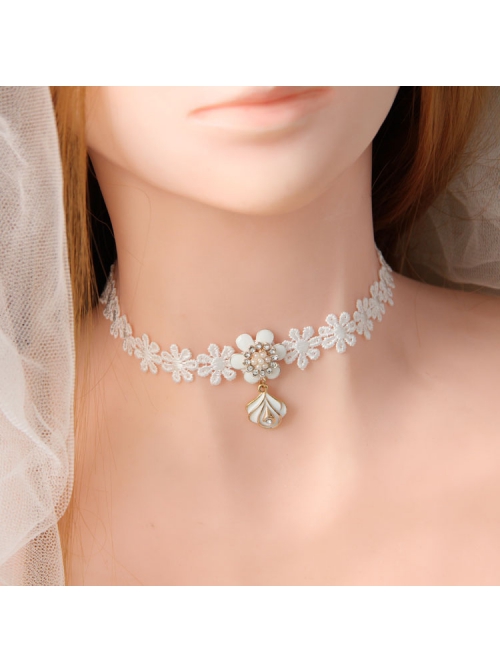 Simple Fashion Baroque Rhinestones Pearl Ladies White Flowers Lace Choker
