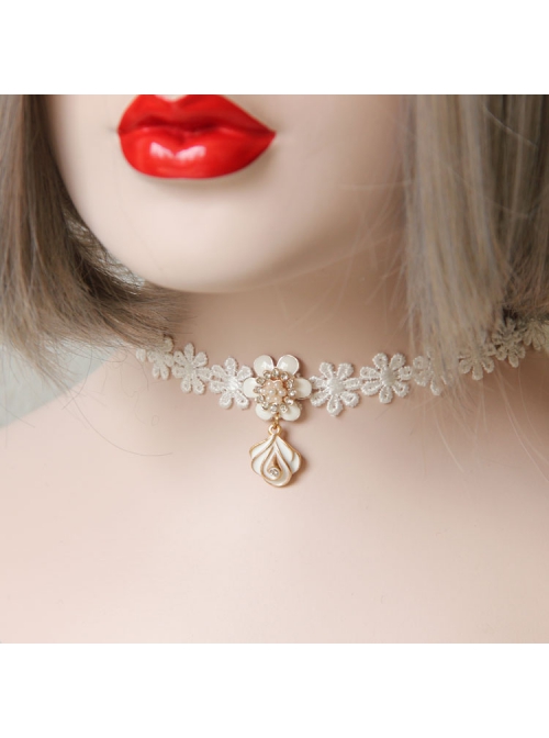 Simple Fashion Baroque Rhinestones Pearl Ladies White Flowers Lace Choker
