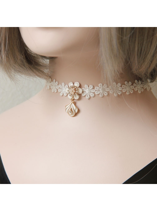 Simple Fashion Baroque Rhinestones Pearl Ladies White Flowers Lace Choker