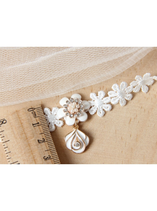 Simple Fashion Baroque Rhinestones Pearl Ladies White Flowers Lace Choker
