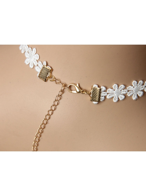 Simple Fashion Baroque Rhinestones Pearl Ladies White Flowers Lace Choker