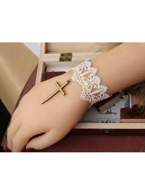 Vintage Baroque Handmade Cross Pendant Fashion Female Bride White Lace Bracelet