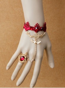 Gothic Fashion Red Lace Retro Female Love Heart Wings Halloween Christmas Bracelet With Ring One Chain