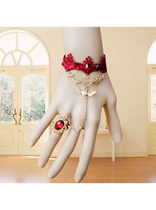 Gothic Fashion Red Lace Retro Female Love Heart Wings Halloween Christmas Bracelet With Ring One Chain