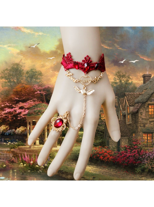 Gothic Fashion Red Lace Retro Female Love Heart Wings Halloween Christmas Bracelet With Ring One Chain
