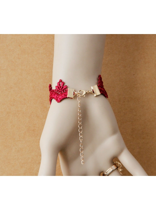 Gothic Fashion Red Lace Retro Female Love Heart Wings Halloween Christmas Bracelet With Ring One Chain