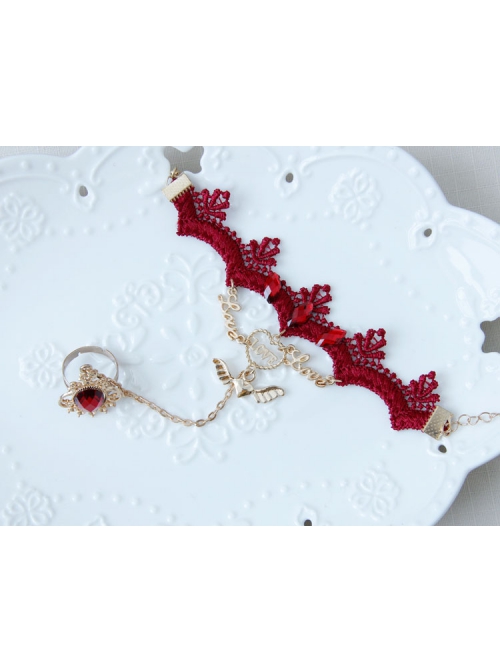 Gothic Fashion Red Lace Retro Female Love Heart Wings Halloween Christmas Bracelet With Ring One Chain