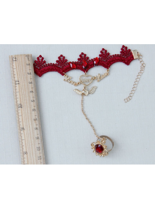 Gothic Fashion Red Lace Retro Female Love Heart Wings Halloween Christmas Bracelet With Ring One Chain
