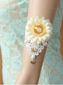 Fashion Retro Bride White Lace Flowers Golden Letters Love Pearl Wide Female Armband