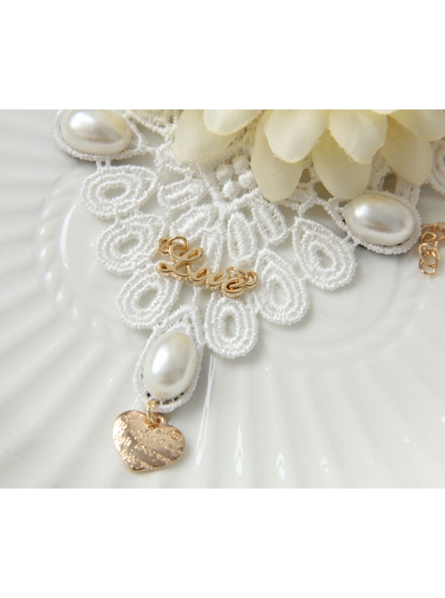 Fashion Retro Bride White Lace Flowers Golden Letters Love Pearl Wide Female Armband