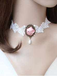 Retro Fashion Baroque White Lace Pearl Pink Rose Female Bride Short Necklace