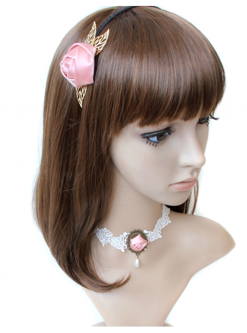 Retro Fashion Baroque White Lace Pearl Pink Rose Female Bride Short Necklace
