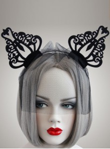 Goth Fashion Retro Black Rabbit Ears Crown Veil Female Halloween Cat Ears Headband
