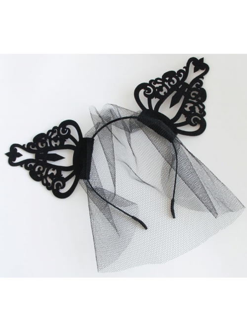 Goth Fashion Retro Black Rabbit Ears Crown Veil Female Halloween Cat Ears Headband