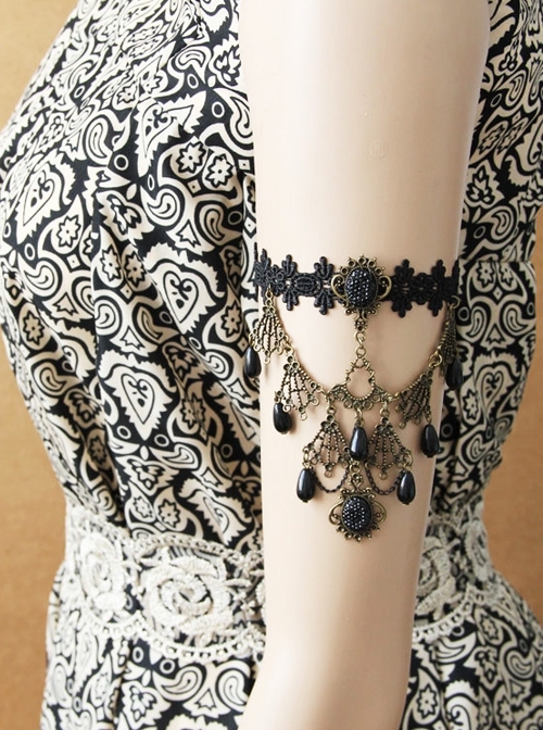 Retro Gothic Fashion Elegant Festive Female Performance Black Lace Tassel Pearl Armband