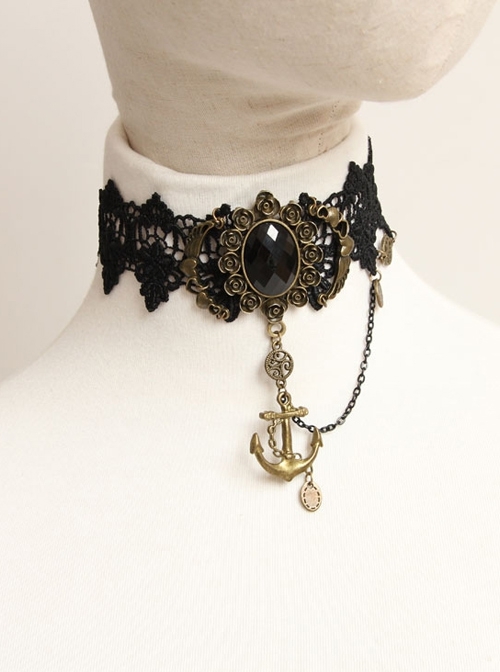 Fashion Retro Gothic Elegant Festive Navy Anchor Black Lace Rose Gemstone Female Choker