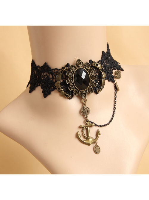 Fashion Retro Gothic Elegant Festive Navy Anchor Black Lace Rose Gemstone Female Choker