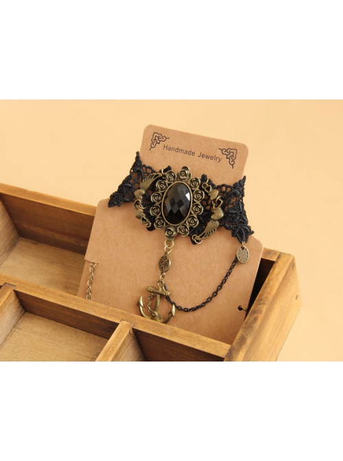 Fashion Retro Gothic Elegant Festive Navy Anchor Black Lace Rose Gemstone Female Choker
