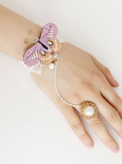 Retro Fashion Elegant Fabric Purple Butterfly White Lace Artificial Pearl Bracelet One Chain with Ring