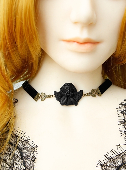 Gothic Retro Fashion Elegant Simple Black Angel Velvet Female Sexy Choker