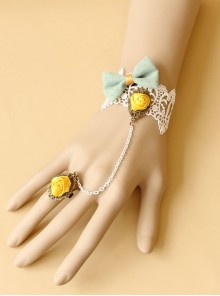 Sweet Princess Bride Bridesmaid Bow Yellow Rose White Lace Retro Female Bracelet Ring One Chain