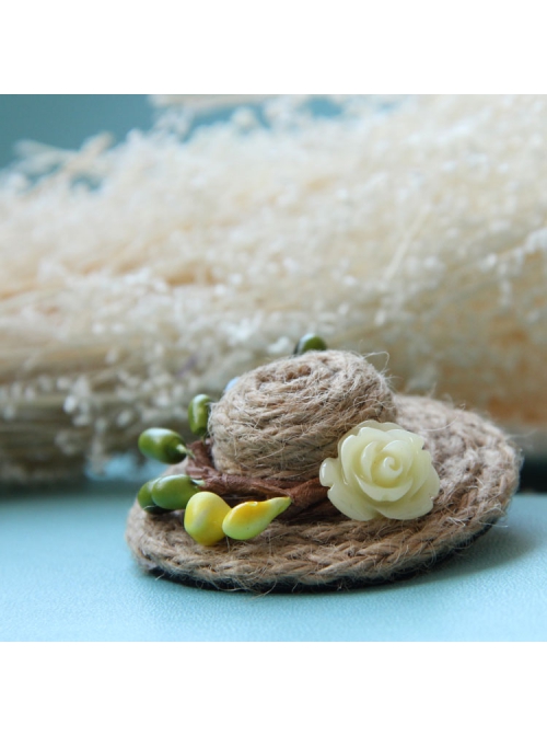 Fashion Casual Female Handmade Personality Cute Little Straw Hat Rose Christmas Retro Brooch
