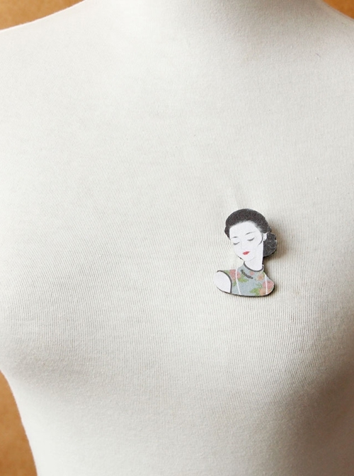 Retro Fashion Elegant Black Hair Beauty Head Pearl Cheongsam Commemorative Brooch