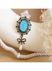 Fashion Retro Palace Bow White Lace Pearl Blue Gemstone Antique Handmade Cloth Female Brooch