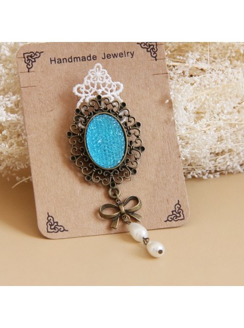 Fashion Retro Palace Bow White Lace Pearl Blue Gemstone Antique Handmade Cloth Female Brooch