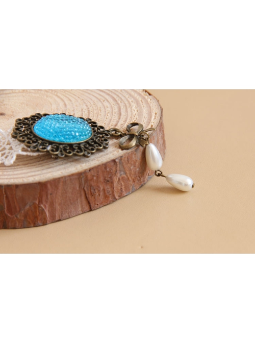 Fashion Retro Palace Bow White Lace Pearl Blue Gemstone Antique Handmade Cloth Female Brooch