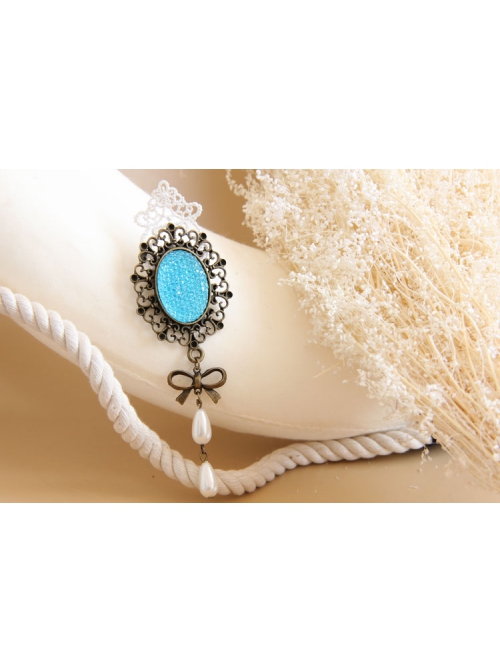 Fashion Retro Palace Bow White Lace Pearl Blue Gemstone Antique Handmade Cloth Female Brooch