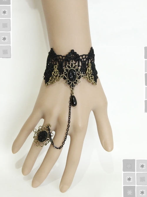 Fashion Sexy Vampire Black Lace Pearl Gothic Retro Female With Ring Bracelet