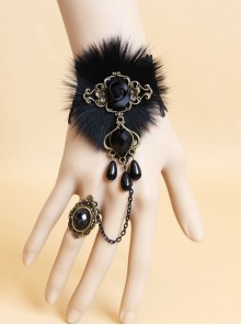 Gothic Fashion Retro Elegant Prom Black Lace Pearl Fox Hair Female Bracelet With Ring One Chain