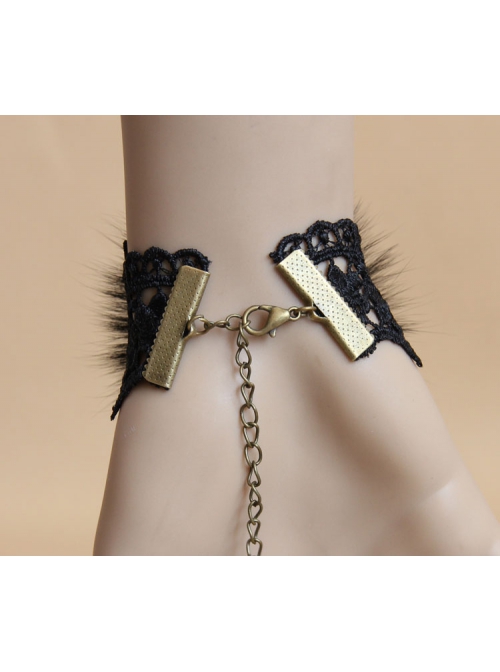 Gothic Fashion Retro Elegant Prom Black Lace Pearl Fox Hair Female Bracelet With Ring One Chain