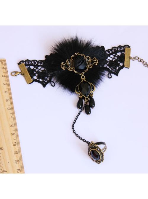 Gothic Fashion Retro Elegant Prom Black Lace Pearl Fox Hair Female Bracelet With Ring One Chain