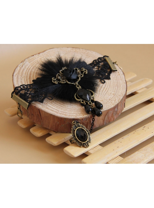 Gothic Fashion Retro Elegant Prom Black Lace Pearl Fox Hair Female Bracelet With Ring One Chain