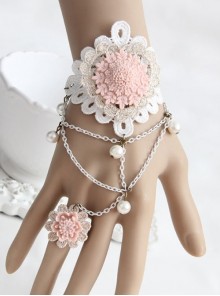 Fashion Retro Bride Personality Pink Flower White Lace Pearl Female Bracelet With Ring One Chain