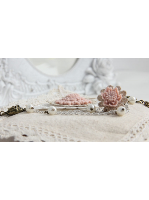 Fashion Retro Bride Personality Pink Flower White Lace Pearl Female Bracelet With Ring One Chain