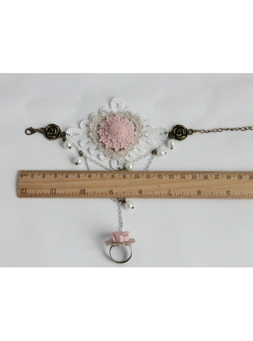 Fashion Retro Bride Personality Pink Flower White Lace Pearl Female Bracelet With Ring One Chain