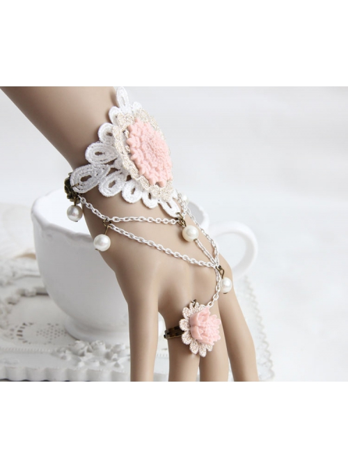 Fashion Retro Bride Personality Pink Flower White Lace Pearl Female Bracelet With Ring One Chain