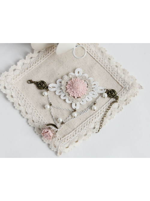 Fashion Retro Bride Personality Pink Flower White Lace Pearl Female Bracelet With Ring One Chain