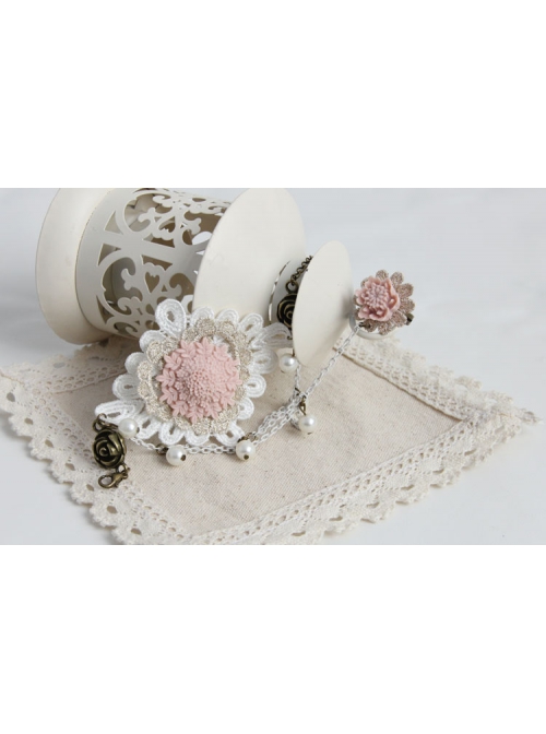 Fashion Retro Bride Personality Pink Flower White Lace Pearl Female Bracelet With Ring One Chain