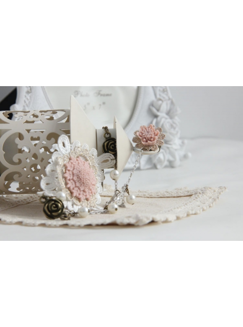 Fashion Retro Bride Personality Pink Flower White Lace Pearl Female Bracelet With Ring One Chain