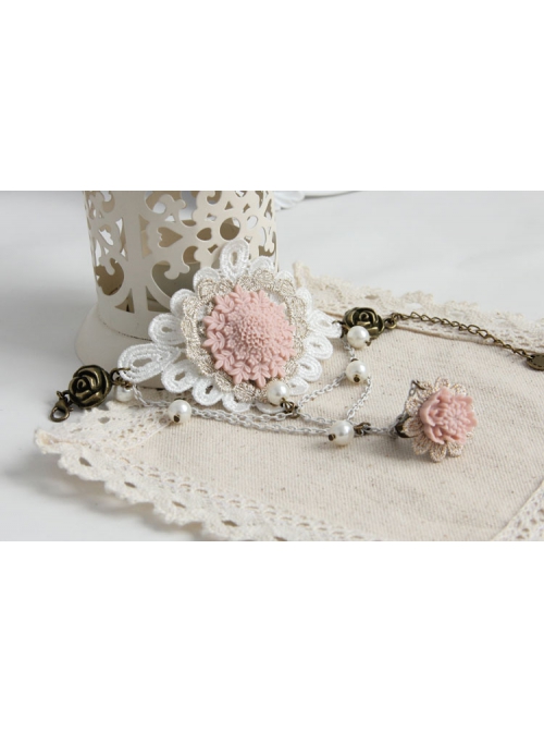 Fashion Retro Bride Personality Pink Flower White Lace Pearl Female Bracelet With Ring One Chain