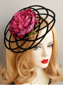 Fashion Exaggerated Pink Flowers Black Hollow Personality Halloween Party Women Top Hat Hairpin