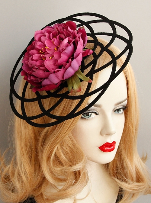 Fashion Exaggerated Pink Flowers Black Hollow Personality Halloween Party Women Top Hat Hairpin