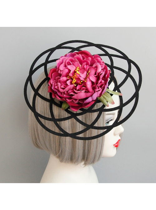 Fashion Exaggerated Pink Flowers Black Hollow Personality Halloween Party Women Top Hat Hairpin