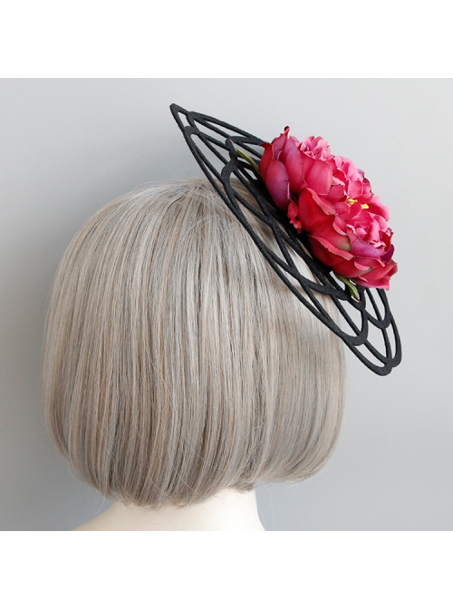 Fashion Exaggerated Pink Flowers Black Hollow Personality Halloween Party Women Top Hat Hairpin