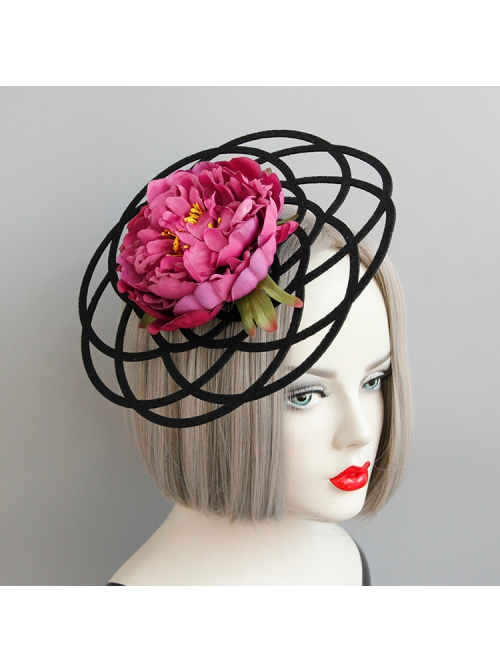 Fashion Exaggerated Pink Flowers Black Hollow Personality Halloween Party Women Top Hat Hairpin